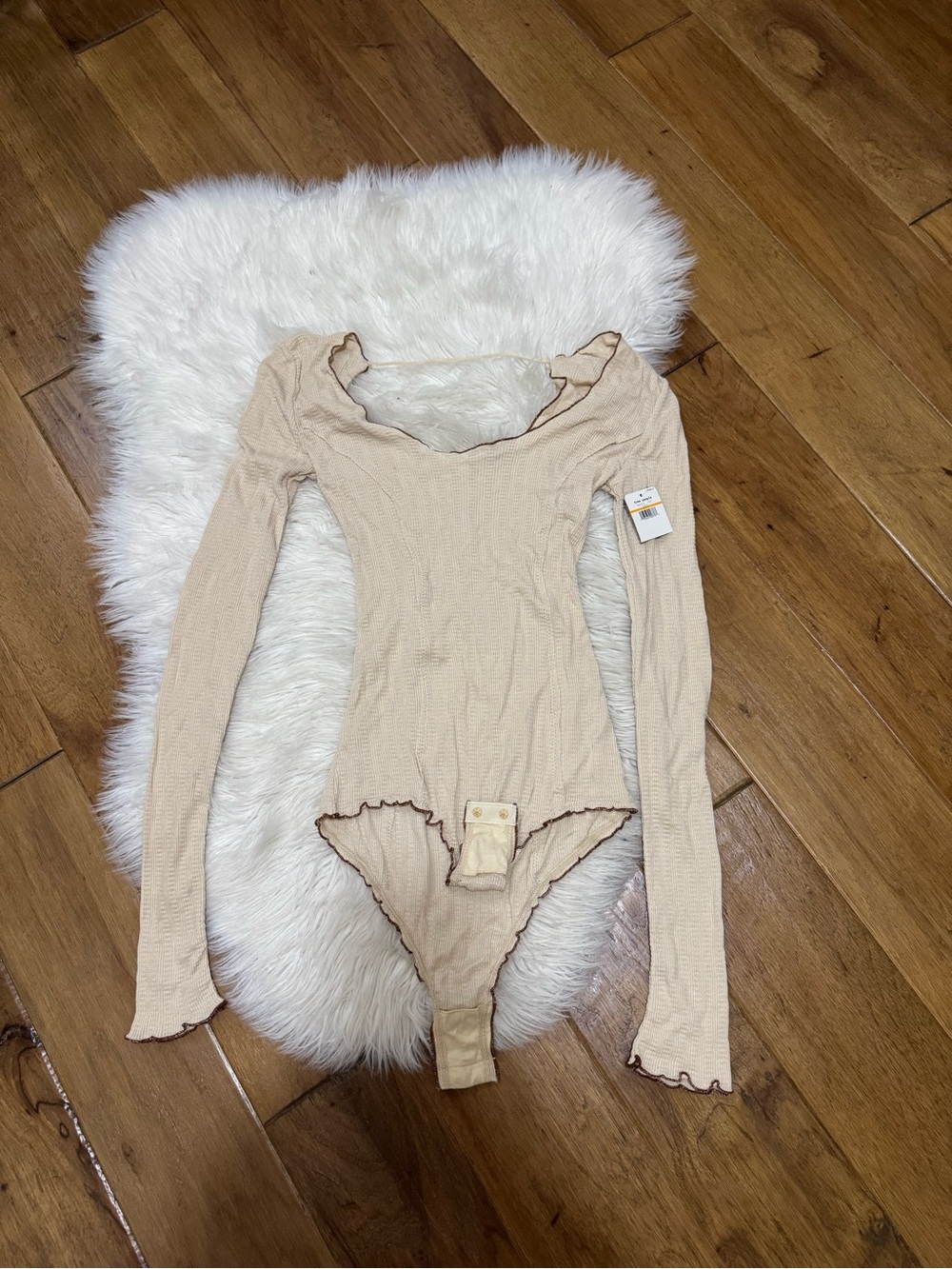 Free People Cream Ribbed Long Sleeve Bodysuit with Lettuce Edge